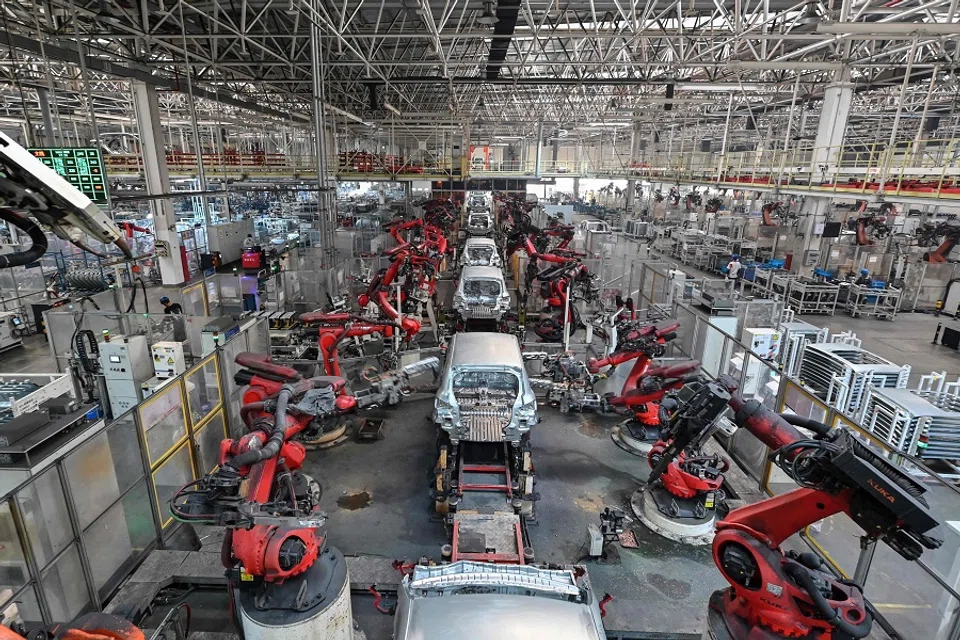 A general view shows an electric vehicle (EV) production line at the Leapmotor factory in Jinhua, China’s eastern Zhejiang province on 18 September 2024. (Adek Berry/AFP)