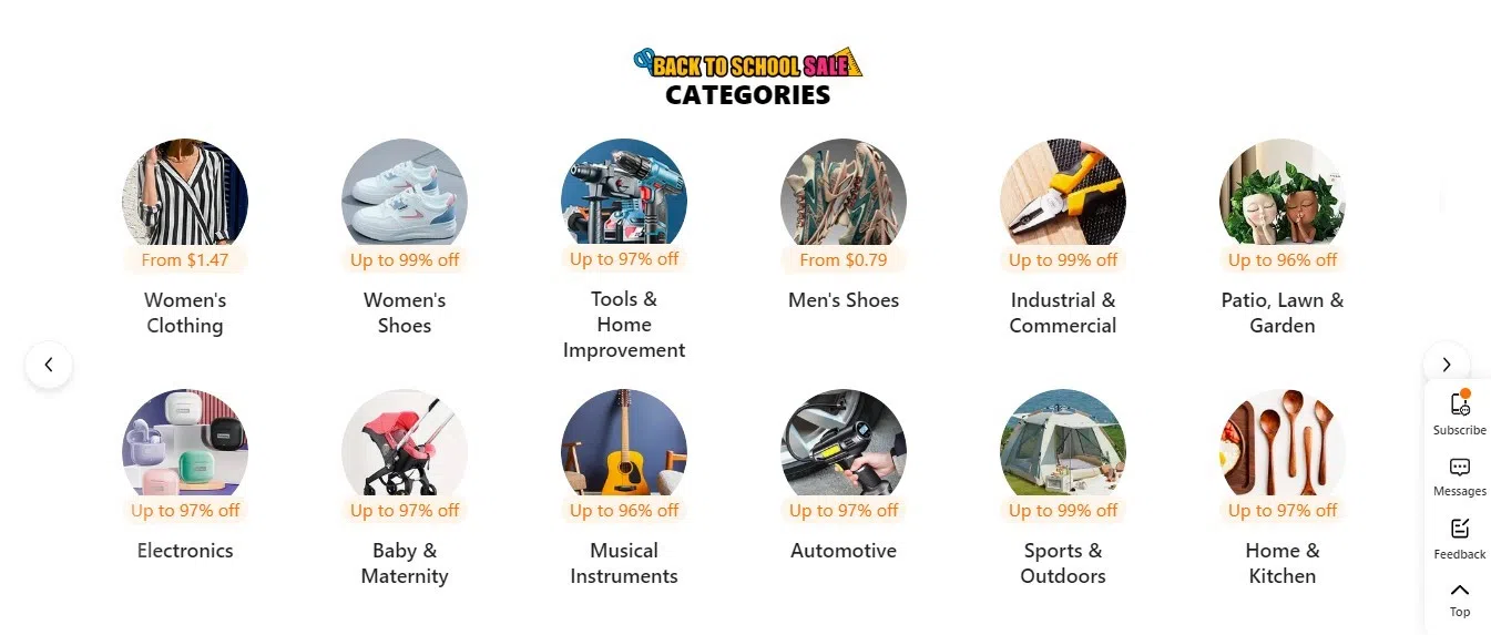 A screenshot of the Temu website showing various categories of items on sale. (Temu website)
