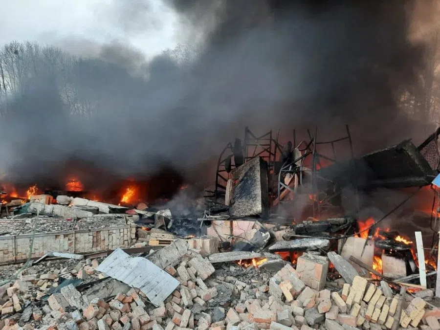 A view shows the Ukrainian State Border Guard Service site damaged by shelling in Kyiv region, Ukraine, in this handout picture released 24 February 2022. (Press service of the Ukrainian State Border Guard Service/Handout via Reuters)