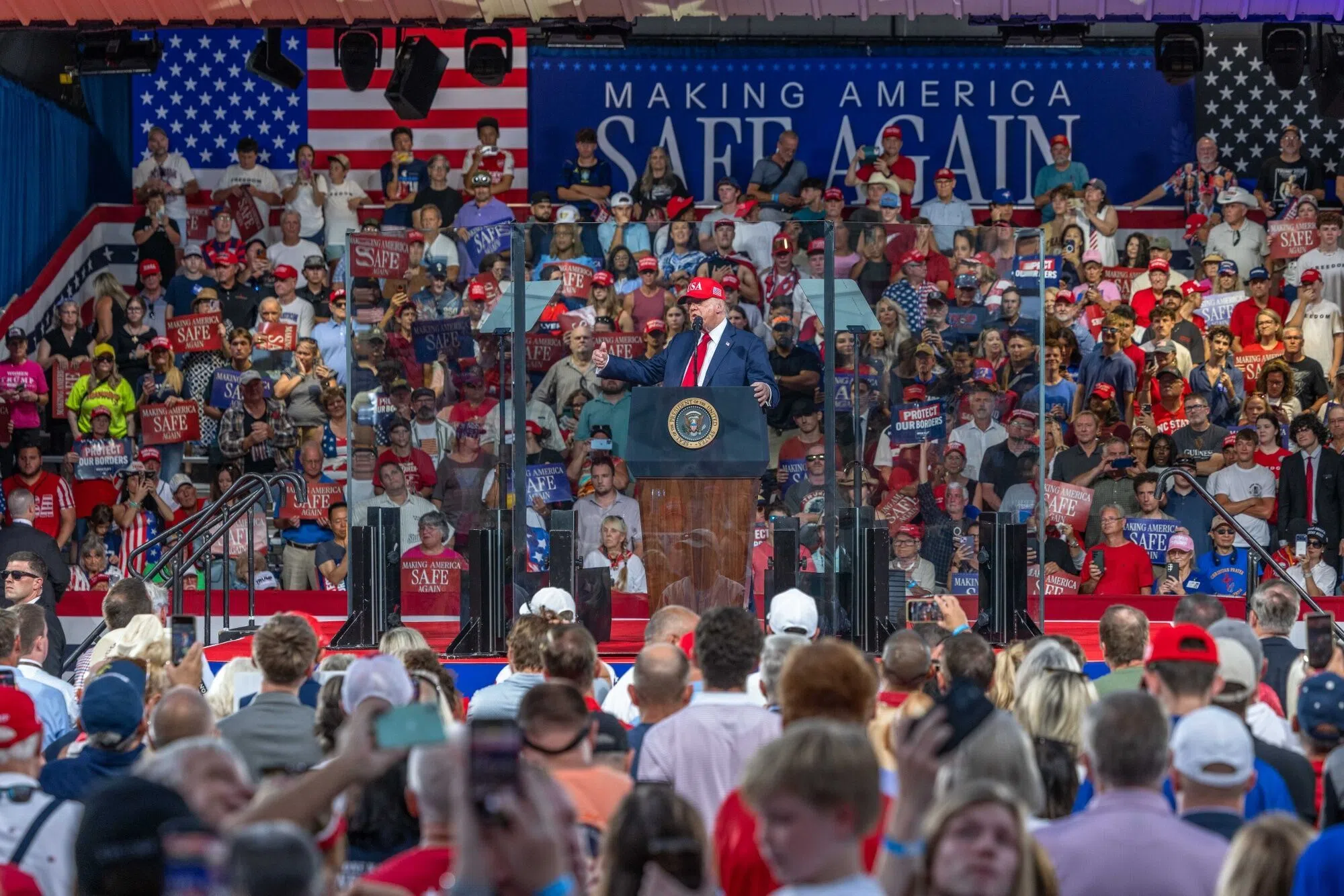 US President Donald Trump during a campaign event with Michael Whatley, former chair of Republican National Committee and Republican US Senate candidate for North Carolina, not pictured, at Gastonia Municipal Airport in Gastonia, North Carolina, US, on 16 September 2026.