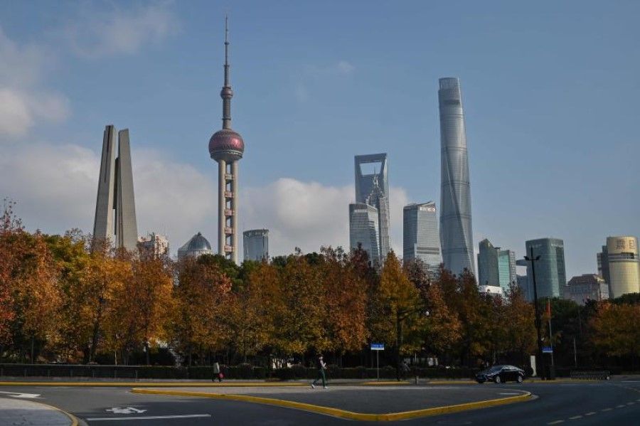 Skyline of the Lujiazui financial district in Shanghai, December 2019. Shanghai aims to become an international financial centre. (Hector Retamal/AFP)