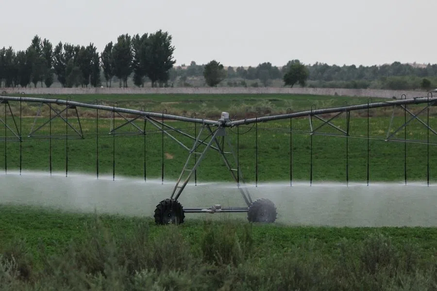A sprinkler irrigation system sprays water in a field during an organized media tour, in Ordos, Inner Mongolia Autonomous Region, China, on 12 June 2026.