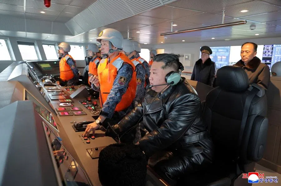 North Korean leader Kim Jong Un inspects the operation of the Choe Hyon naval destroyer during a visit to the Nampho Shipyard, North Korea, on 3 March 2026, in this picture released by North Korea’s official Korean Central News Agency. (KCNA via Reuters)