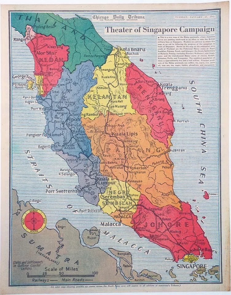 A map showing the Japanese advance towards Singapore during the Pacific War.