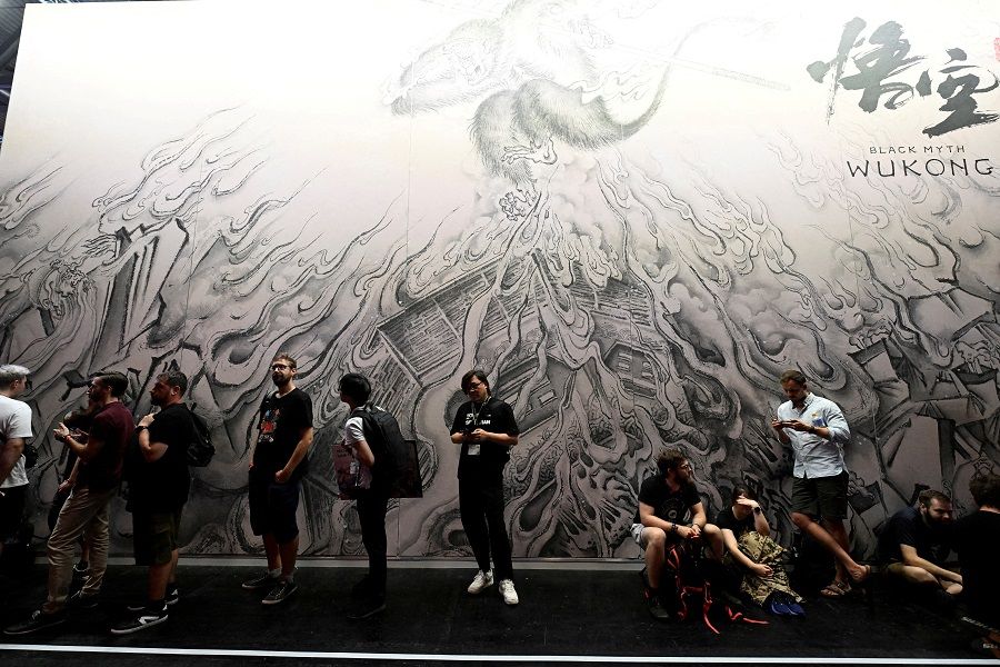 People wait in line to play Black Myth: Wukong at Gamescom 2023, in Cologne, Germany, on 23 August 2023. (Jana Rodenbusch/Reuters)