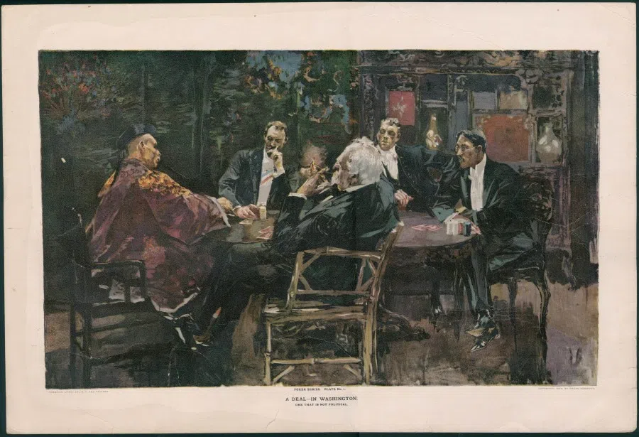 An illustration from a US publication, 1890s. The caption is: "A deal-in Washington. One that is not political." It shows a Chinese person playing cards with Americans, where the image of the Chinese is a stereotype by the US artist.