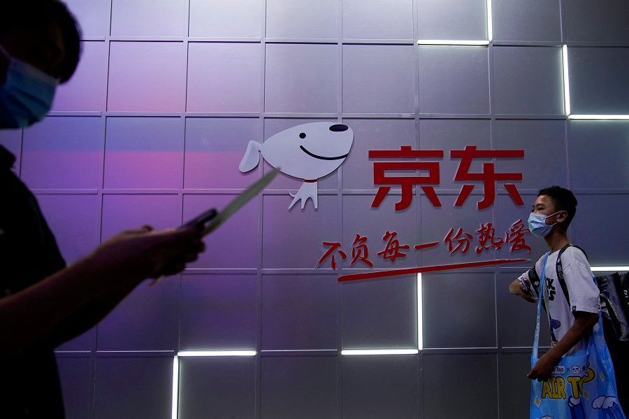 A sign of JD.com is seen at the China Digital Entertainment Expo and Conference, also known as ChinaJoy, in Shanghai, China, 30 July 2021. (Aly Song/File Photo/Reuters)