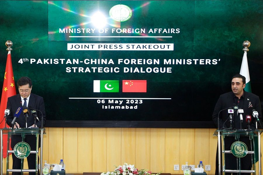 Pakistan's Foreign Minister Bilawal Bhutto Zardari (right) addresses a joint press conference along with his Chinese counterpart Qin Gang at the foreign ministry in Islamabad, Pakistan, on 6 May 2023. (STR/AFP)