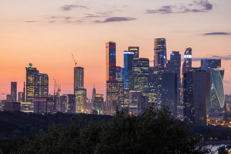 Skyscrapers of Moscow-City International Business District and headquarters of Russia’s biggest bank Sberbank are seen during sunset time in Moscow, Russia, on 24 July 2024. (Maxim Shemetov/Reuters)