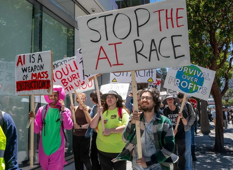 Demonstrators participate in the "Stop the AI Race" protest march in San Francisco, California, on 11 July 2026.