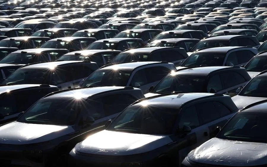 New cars, among them China-built electric vehicles of the company XPeng, are seen parked in the port of Zeebrugge, Belgium, on 24 October 2024.