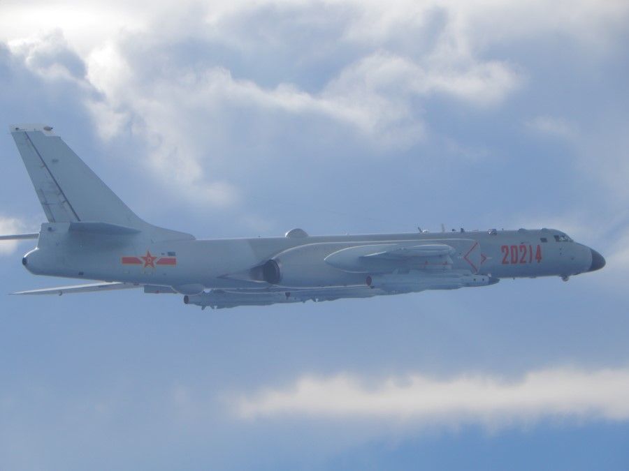 A People's Liberation Army (PLA) H-6 bomber flies on a mission near the median line in the Taiwan Strait, 18 September 2020. (Taiwan Ministry of National Defense/Handout via Reuters)