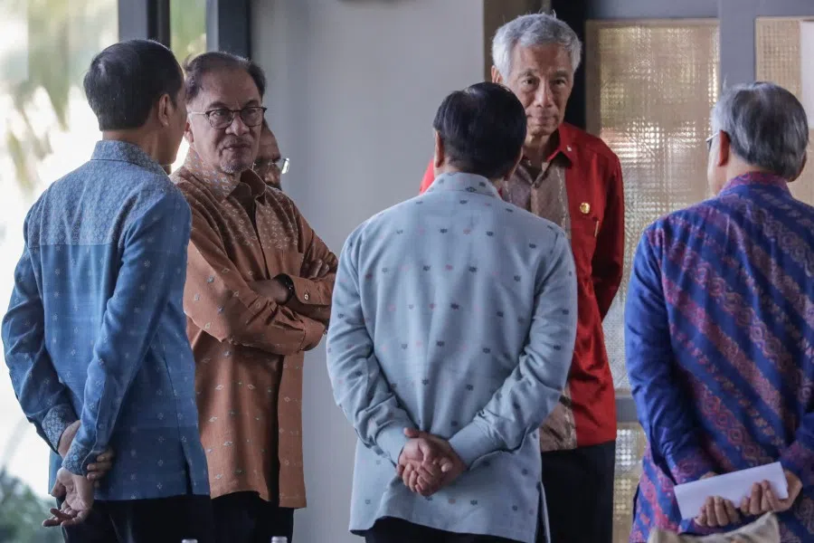 (Left-right) Indonesia's President Joko Widodo, Malaysia's Prime Minister Anwar Ibrahim, East Timor's Prime Minister Taur Matan Ruak, Philippine President Ferdinand Marcos, Singapore's Prime Minister Lee Hsien Loong and Thailand's Deputy Prime Minister and Foreign Minister Don Pramudwinai gather prior to a retreat session during the 42nd Association of Southeast Asian Nations (ASEAN) Summit in Labuan Bajo on 11 May 2023. (Mast Irham/AFP)