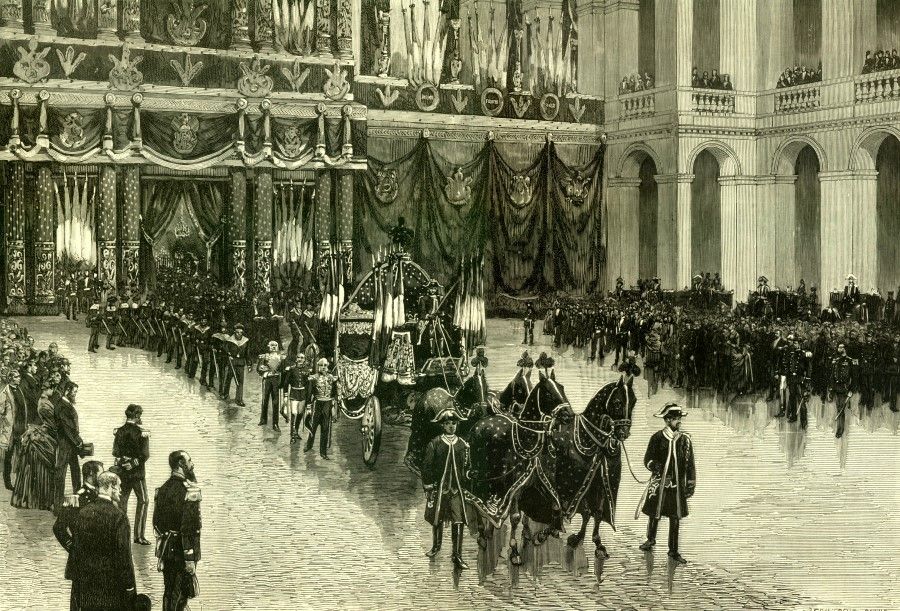 A picture in French publication L'Illustration, 1885, showing Courbet's hearse leaving the church at Les Invalides in Paris.