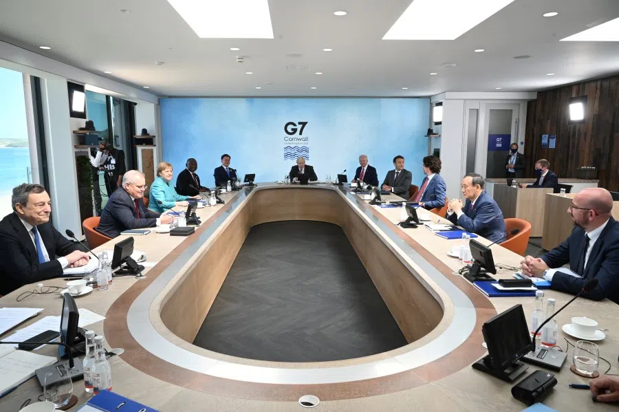 G7 leaders attend a working session during the G7 summit in Carbis Bay, Cornwall, Britain, 12 June 2021. (Leon Neal/Pool via Reuters)