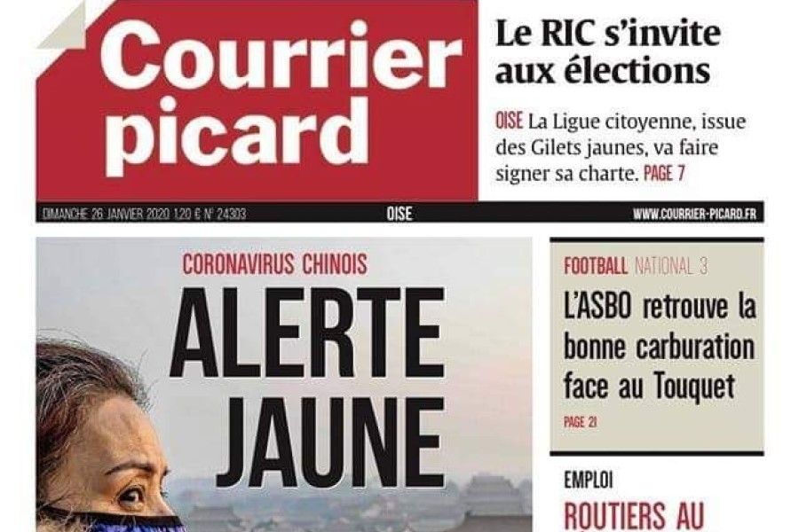 The cover of the 26 January issue of regional newspaper the Courrier Picard, with the headline Alerte Jaune (Yellow Alert). (Internet)