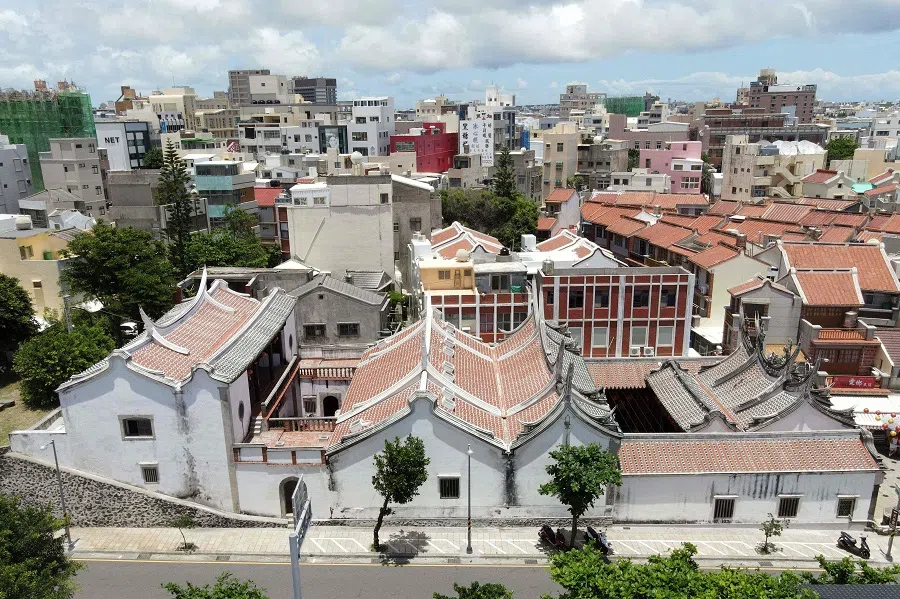 This aerial photo taken on 30 May 2022 shows a general view of the Penghu Tianhou (Mazu) Temple (below), one of the landmarks in Magong, Penghu islands. (Sam Yeh/AFP)