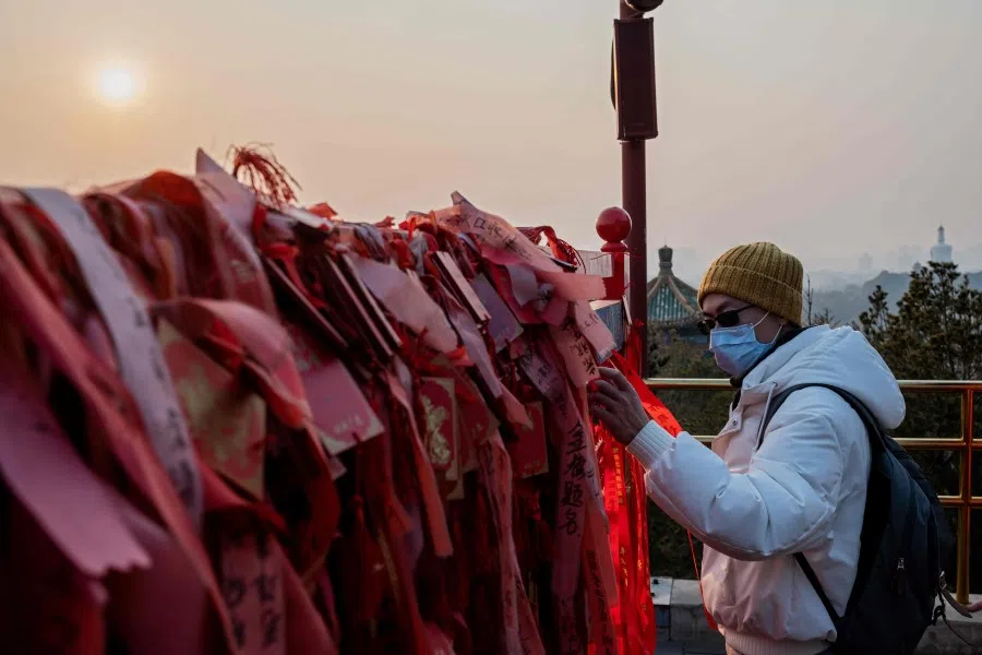 A man reads Chinese New Year messages at Jingshawn Park, Beijing, overlooking the Forbidden City, 25 January 2020. (Nicolas Asfouri/AFP)