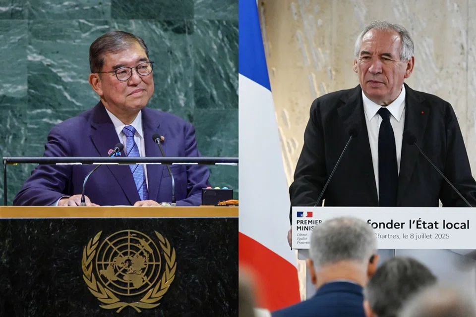 (left to right) Japan’s Prime Minister Shigeru Ishiba and former French Prime Minister François Bayrou. (Leonardo Munoz/AFP; Jean-Francois Monier/AFP)