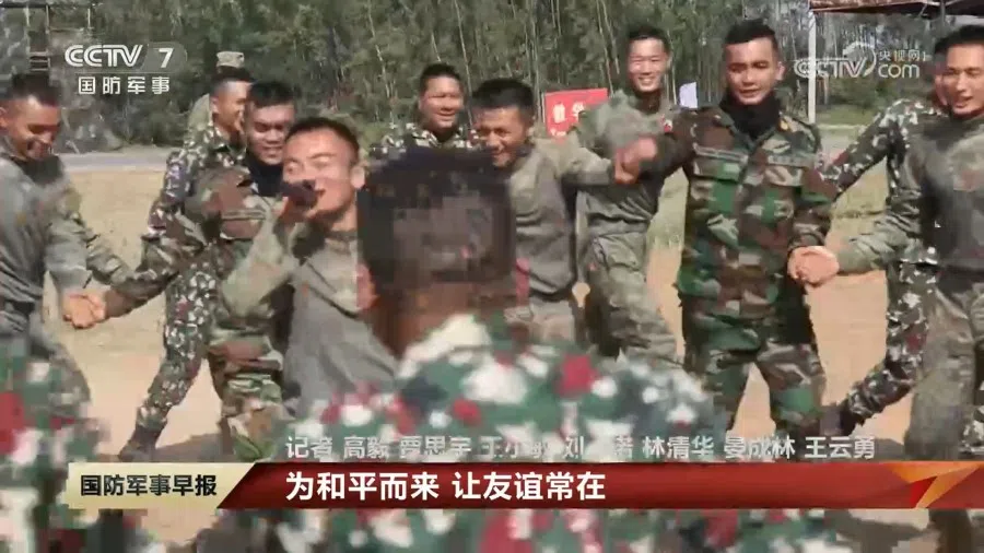 A screen grab from a video featuring soldiers having a light moment during Peace and Friendship-2023. (Internet)