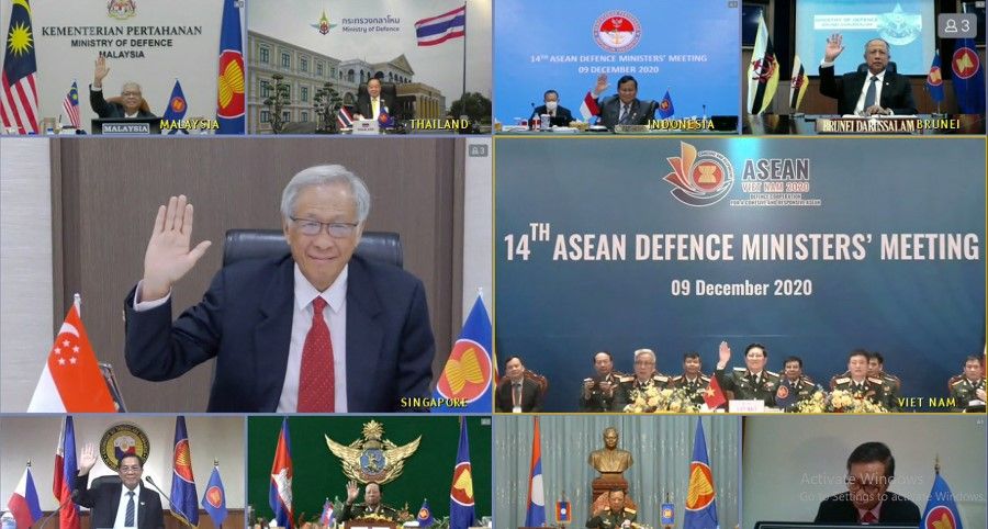 Singapore's Defence Minister Ng Eng Hen (centre left) with other ASEAN defence ministers at the virtual 14th Asean Defence Ministers' Meeting (ADMM) on 9 December 2020. They exchanged views on the impact of Covid-19 on the region in the past year. (Singapore Ministry of Defence)