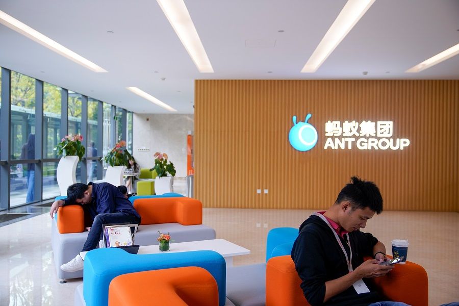 A logo of Ant Group is pictured at the headquarters of Ant Group, in Hangzhou, Zhejiang province, China, 29 October 2020. (Aly Song/Reuters)