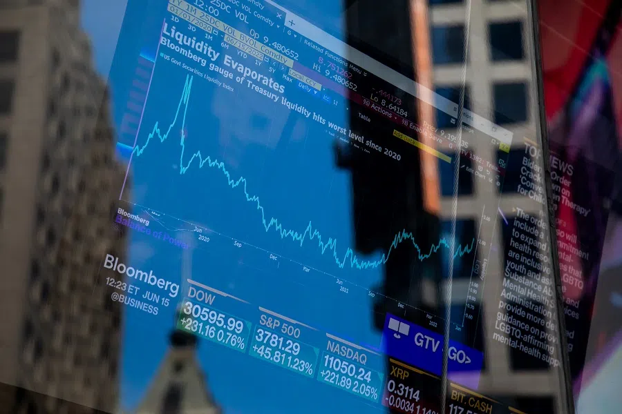 Stock market information displayed on a TV at the Nasdaq MarketSite in New York, US, on 15 June 2022. (Michael Nagle/Bloomberg)