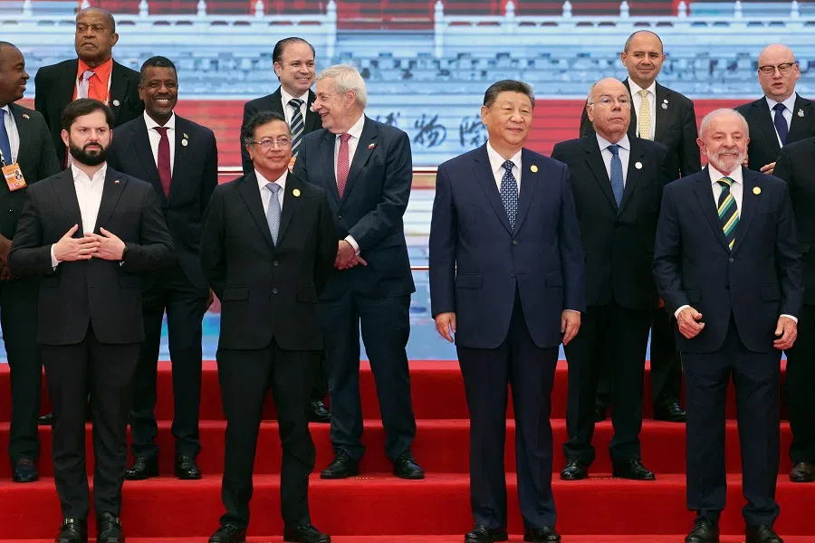 Chinese President Xi Jinping (front row, second from right) and Brazil President Luiz Inacio Lula da Silva (front row, first from right) join leaders for a group photo session before the opening ceremony of the Fourth Ministerial Meeting of the Forum of China and Community of Latin American and Caribbean States (CELAC) in Beijing on 13 May 2025. (Florence Lo/AFP)
