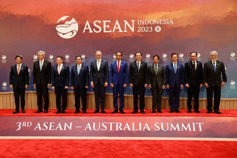 ASEAN leaders pose for a group photo before the ASEAN-Australia Summit, held as part of the 43rd Association of Southeast Asian Nations (ASEAN) Summit in Jakarta on 7 September 2023. (Willy Kurniawan/AFP)