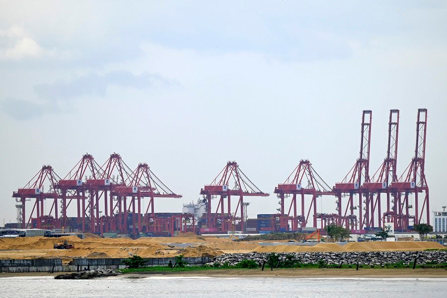 A general view of the Chinese-managed terminal of the Colombo port is seen from the Galle Face promenade in Colombo, Sri Lanka, on 2 February 2021. (Ishara S. Kodikara/AFP)