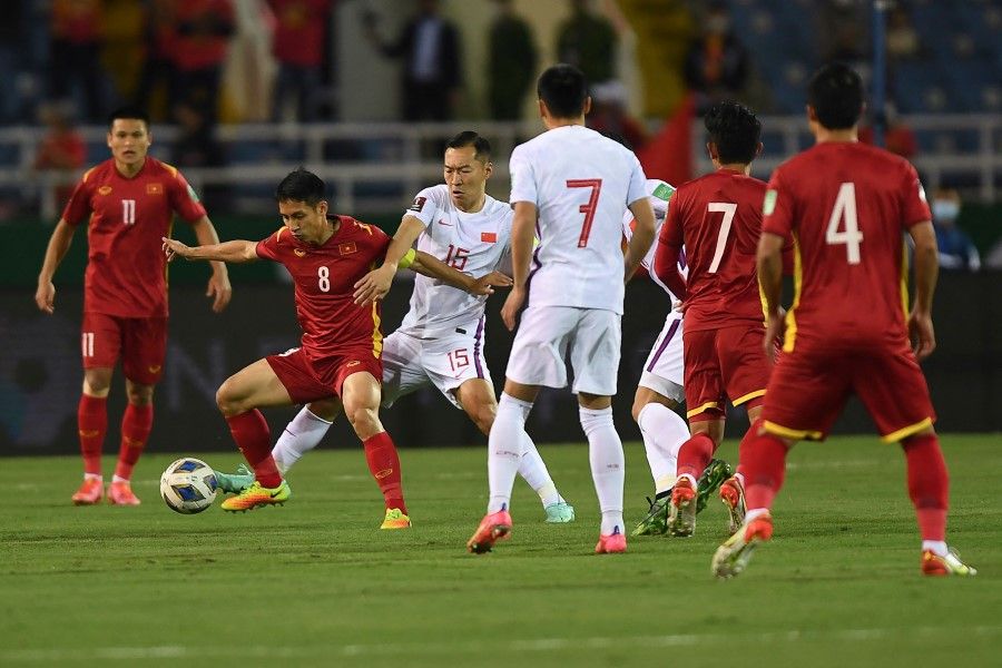 This photo shows the FIFA World Cup Qatar 2022 qualifying round Group B football match between Vietnam and China at My Dinh National Stadium in Hanoi on 1 February 2022. (Nhac Nguyen/AFP)