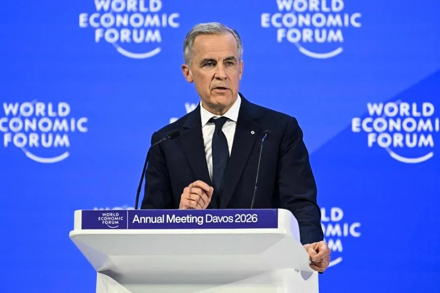 Canada’s Prime Minister Mark Carney delivers a speech during the World Economic Forum (WEF) annual meeting in Davos on 20 January 2026. (Fabrice Coffrini/AFP)