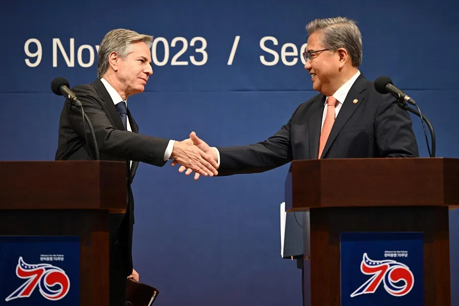 US Secretary of State Antony Blinken (left) shakes hands with South Korean Foreign Minister Park Jin (right) after a joint press conference at the foreign ministry in Seoul on 9 November 2023. (Jung Yeon-je/AFP)