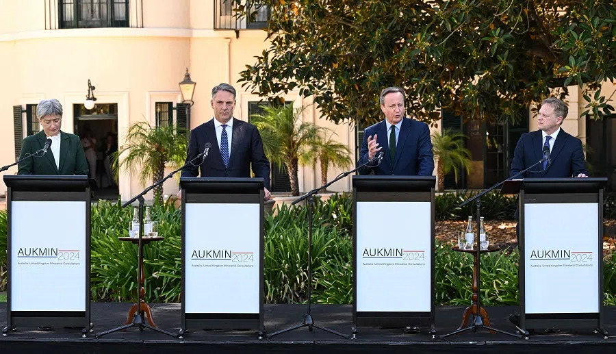 From left to right, Australia’s Foreign Minister Penny Wong, Australia’s Deputy Prime Minister and Defence Minister Richard Marles, Britain’s Foreign Secretary David Cameron, and Britain’s Secretary of State for Defence Grant Shapps hold a media conference at Government House in Adelaide, South Australia, on 22 March 2024, as part of the annual Australia-UK Ministerial Consultations (AUKMIN).  (Michael Errey/AFP)