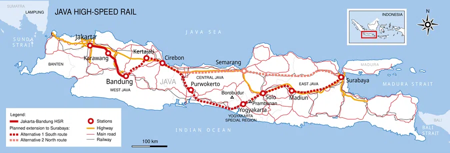The map of proposed high-speed railway system in Java Island, Indonesia. First phase currently in operation connects Jakarta to Bandung (150 km), the next phase will extend the railway system to Surabaya in East Java (total 730 km). (Photo: Gunawan Kartapranata/Licensed under CC BY-SA 4.0)