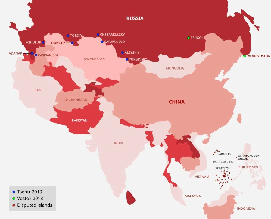 The map shows the location of Tsentr 2019 and Vostok 2018, the two major military exercises held between Russia and China in the past two years. (Image: Jace Yip)