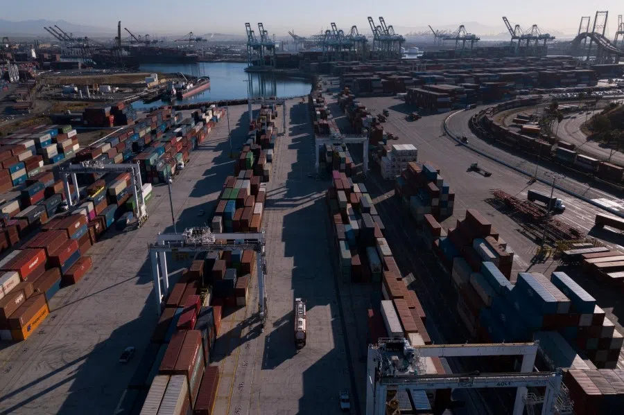 In this file aerial image taken on 15 October 2021 shows cargo shipping containers at the Port of Los Angeles in San Pedro, California. (Patrick T. Fallon/AFP)