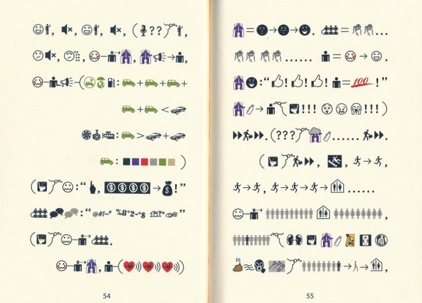 From Xu Bing's Book from the Ground: A story is told entirely in symbols, emojis and emoticons instead of written words.