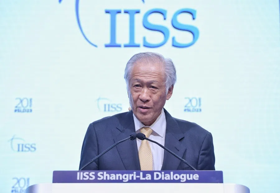 Singapore's Defence Minister Ng Eng Hen speaking at the Shangri-La Dialogue, 4 June 2023. (SPH Media)
