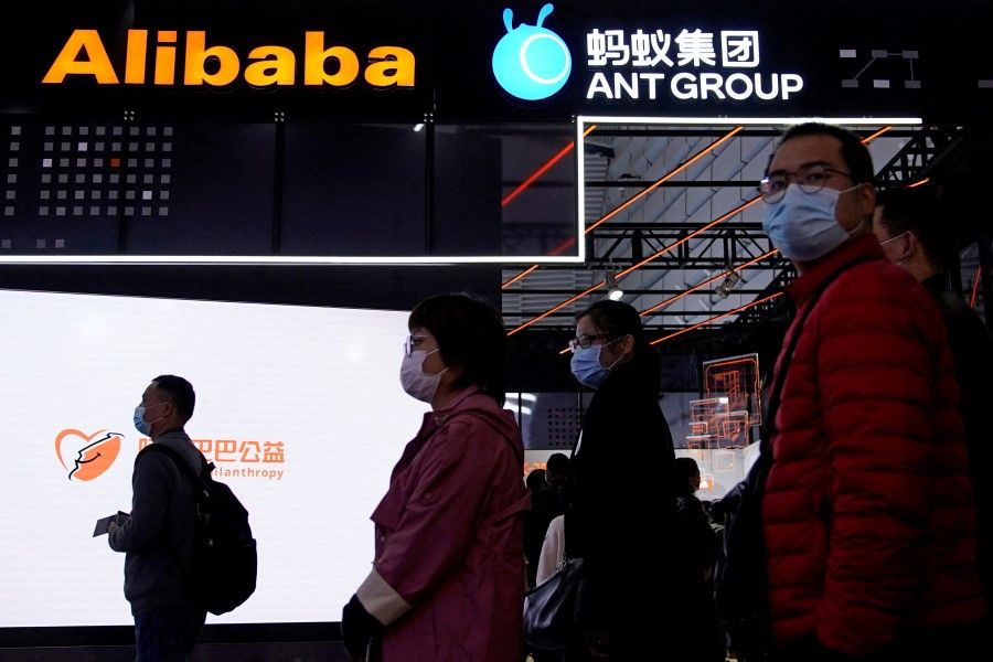 Signs of Alibaba Group and Ant Group are seen during the World Internet Conference (WIC) in Wuzhen, Zhejiang province, China, 23 November 2020. (Aly Song/Reuters)