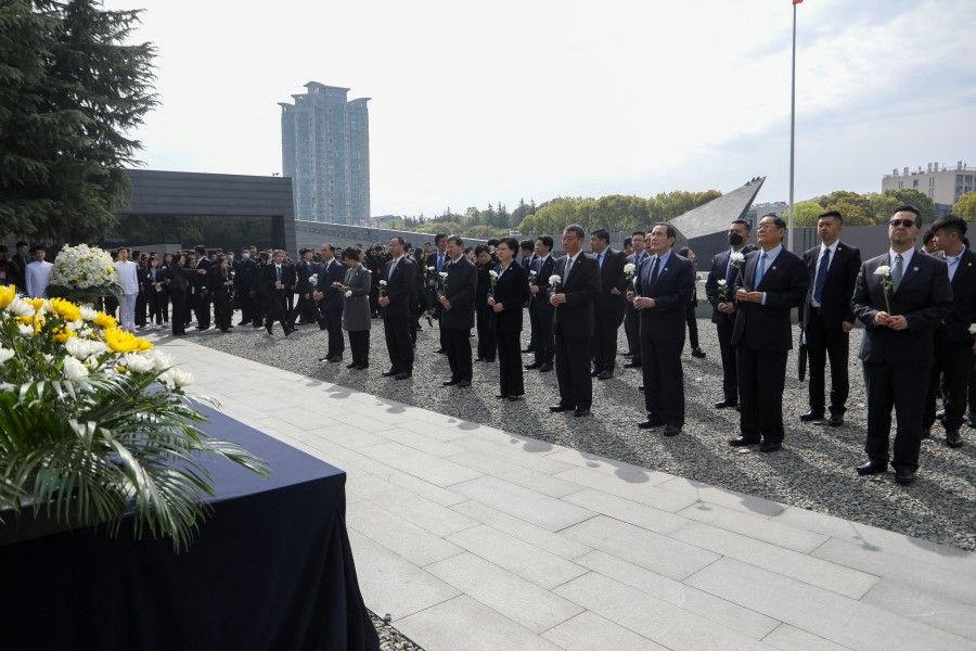 Former Taiwanese President Ma Ying-jeou visits the Memorial Hall of the Victims of the Nanjing Massacre by Japanese Invaders, in Nanjing, Jiangsu province, China in handout picture released on 29 March 2023. (Ma Ying-jeou's Office/Handout via Reuters)