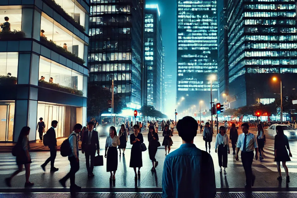 People heading home late at night after work. (Image generated by Yi Jina with assistance from ChatGPT)