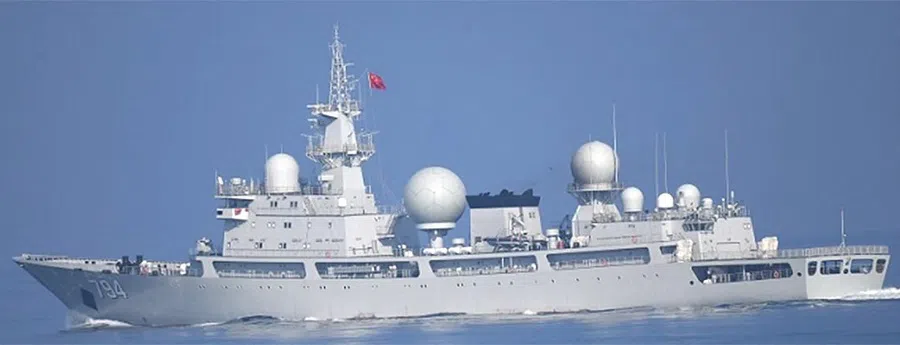 This handout photo taken on 7 September 2024 and released on 10 September 2024 by Japan’s Ministry of Defense Joint Staff Office shows a Chinese Navy Dongdiao-class Electronic Reconnaissance Ship (ship number 794) heading northeast in the Tsushima Strait about 130 km southwest of Tsushima, Nagasaki prefecture. The Tsushima Strait lies between South Korea and Japan and connects the South China Sea and the Sea of Japan, and is not within Japanese territorial waters. (Handout/Japan’s Ministry of Defense/AFP)
