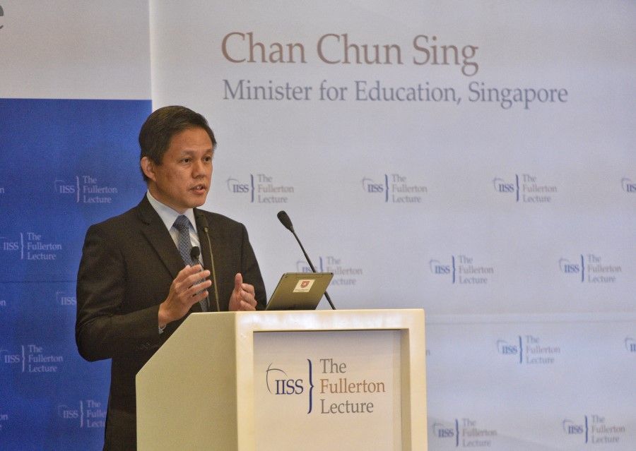 Singapore's Minister for Education Chan Chun Sing delivering an address as part of the IISS Fullerton Lectures on 9 November 2021. (SPH)
