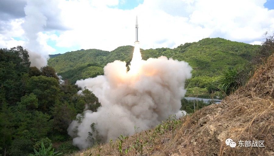 The Rocket Force under the Eastern Theater Command of China's People's Liberation Army (PLA) conducts conventional missile tests in the waters off the eastern coast of Taiwan, from an undisclosed location in this handout released on 4 August 2022. (Eastern Theater Command/Handout via Reuters)