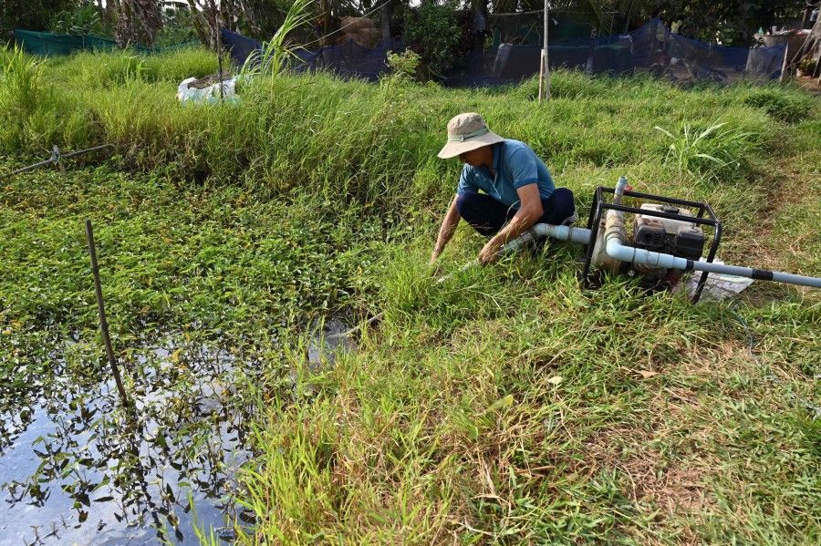 A man installs a water pump in a field in Vietnam’s southern Ben Tre province in Vietnam’s Mekong Delta on 19 March 2024. (Nhac Nguyen/AFP)