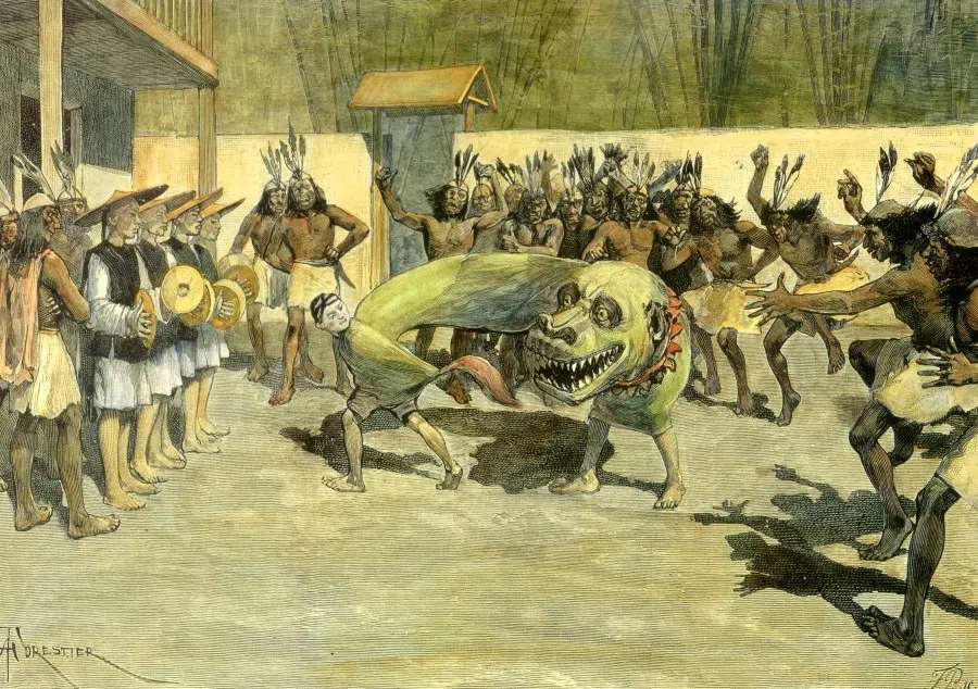 An illustration in the February issue of the Illustrated London News, 1890, showing the Han people and indigenous people celebrating together on Taiwan island.
