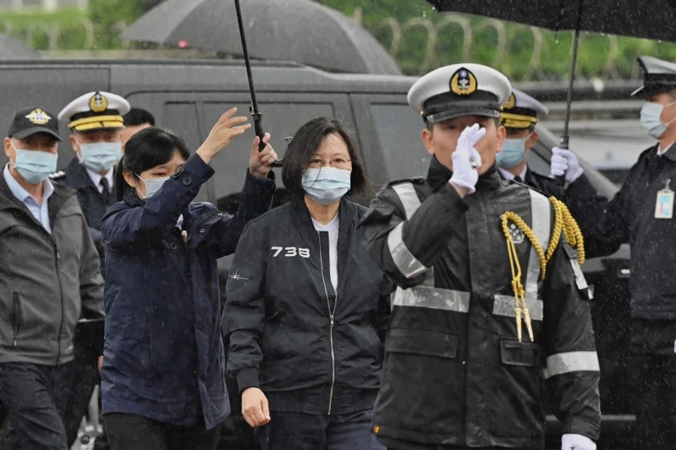 Taiwan President Tsai Ing-wen (centre) attends the inspection of a Republic of China Navy fleet in Keelung on 8 March 2021. (Sam Yeh/AFP)