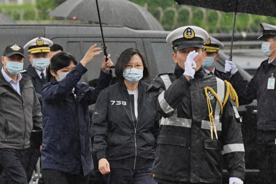 Taiwan President Tsai Ing-wen (centre) attends the inspection of a Republic of China Navy fleet in Keelung on 8 March 2021. (Sam Yeh/AFP)
