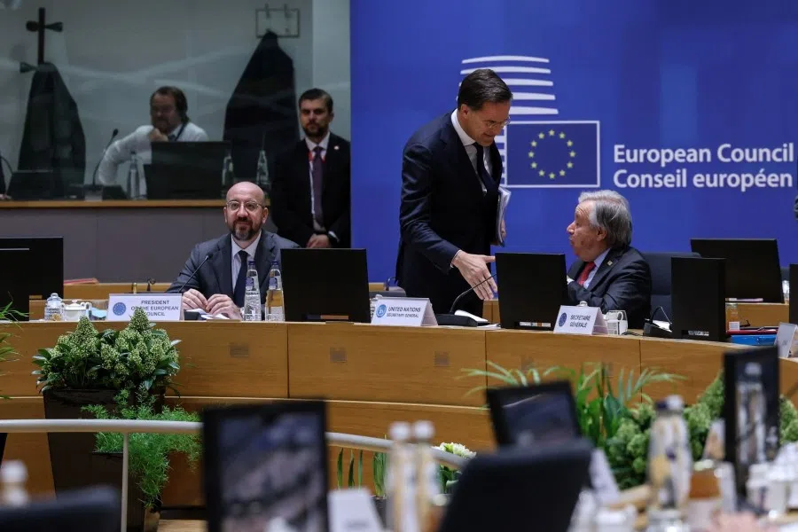 Charles Michel, president of the European Council, left, Mark Rutte, Netherlands prime minister, centre, and Antonio Guterres, secretary-general of the United Nations (UN), during the European Union (EU) leaders summit at the European Council headquarters in Brussels, Belgium, on 23 March 2023. The EU's military support for Ukraine will feature among the key topics of discussion, on the heels of Chinese President Xi Jinping's visit to Moscow to meet with President Vladimir Putin. (Valeria Mongelli/Bloomberg)